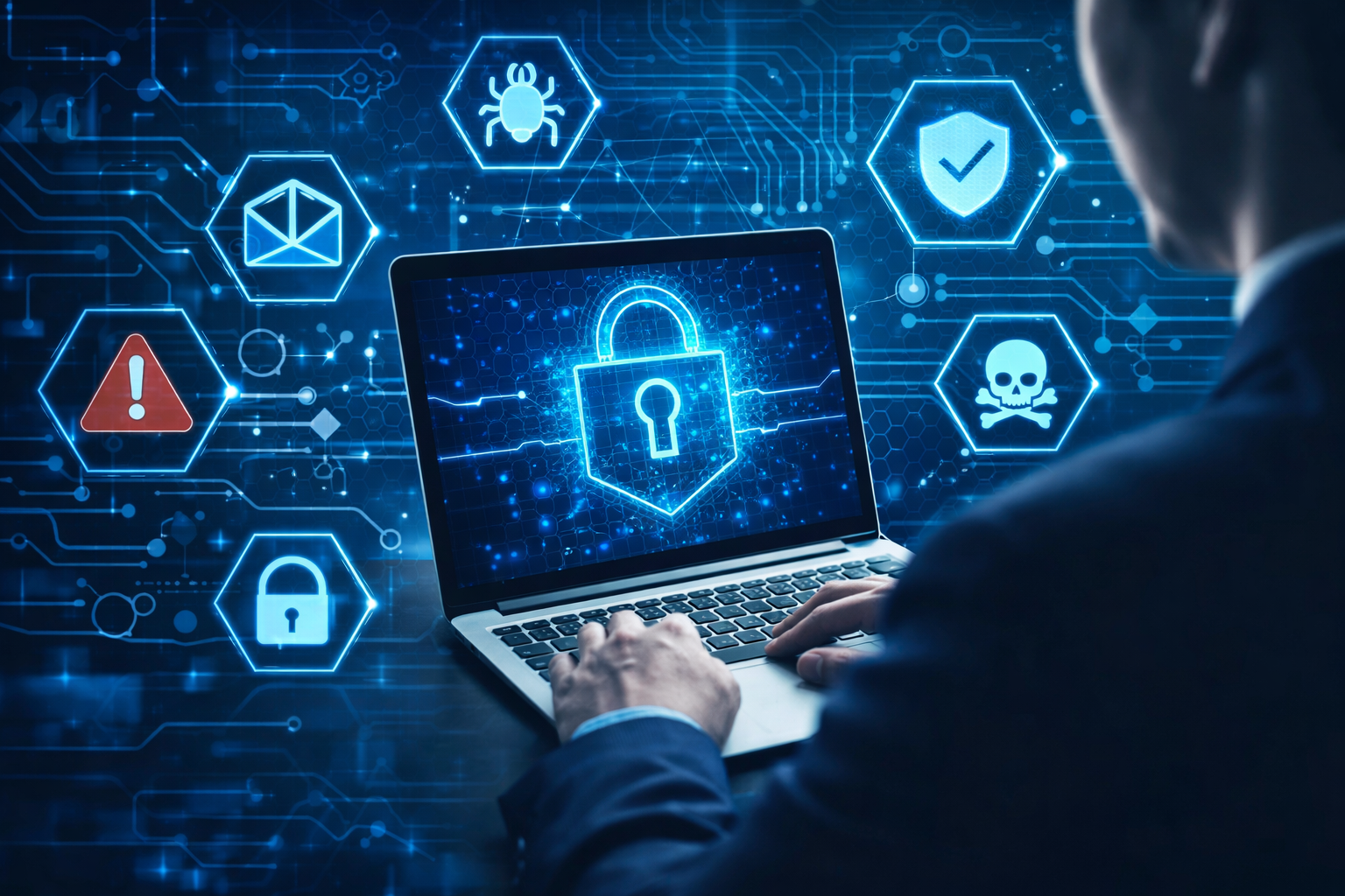 small business cybersecurity protection concept with secure laptop and digital security icons